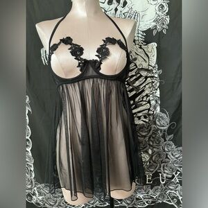 Black lace halter nightie with rose detailing